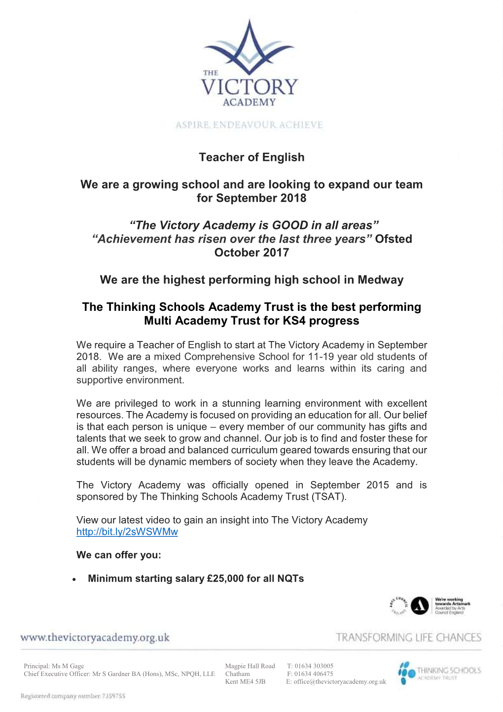 The Victory Academy Is GOOD in All Areas” “Achievement Has Risen Over the Last Three Years” Ofsted October 2017