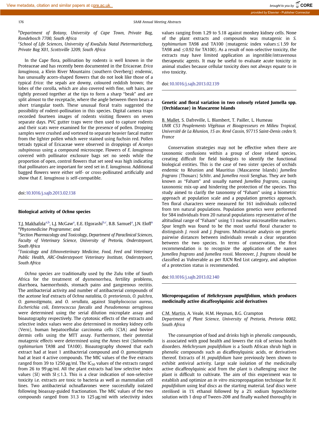 Genetic and Floral Variation in Two Colosely Related Jumella Spp