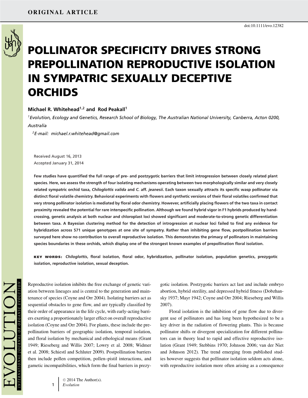 Pollinator Specificity Drives Strong Prepollination Reproductive Isolation in Sympatric Sexually Deceptive Orchids