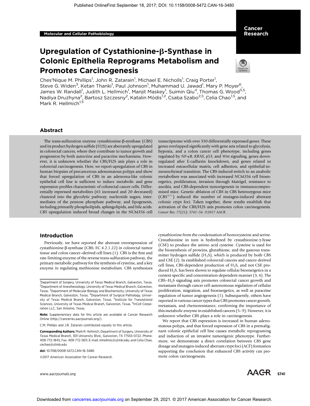 Upregulation of Cystathionine-B-Synthase in Colonic Epithelia Reprograms Metabolism and Promotes Carcinogenesis Ches'nique M