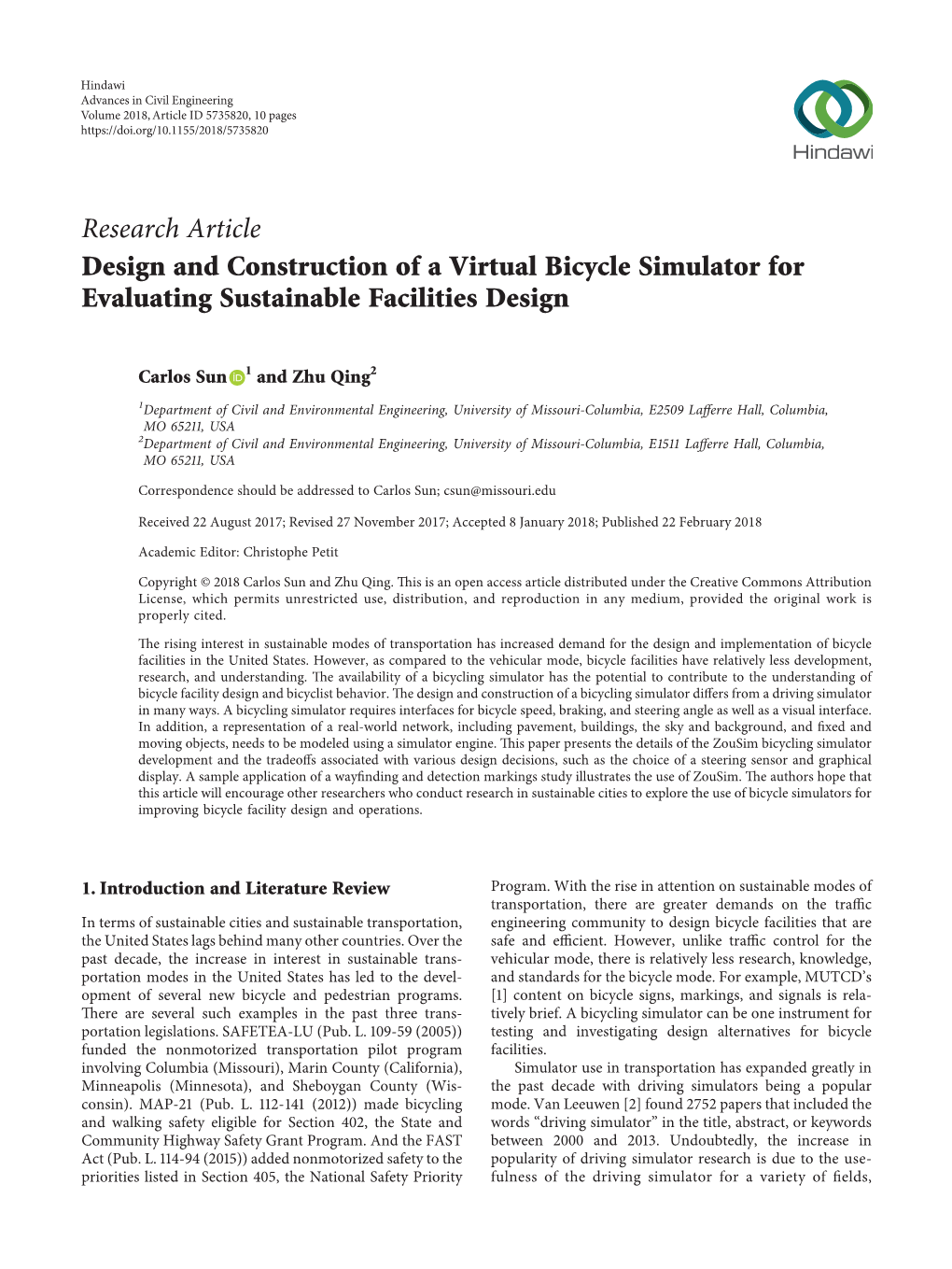 Research Article Design and Construction of a Virtual Bicycle Simulator for Evaluating Sustainable Facilities Design