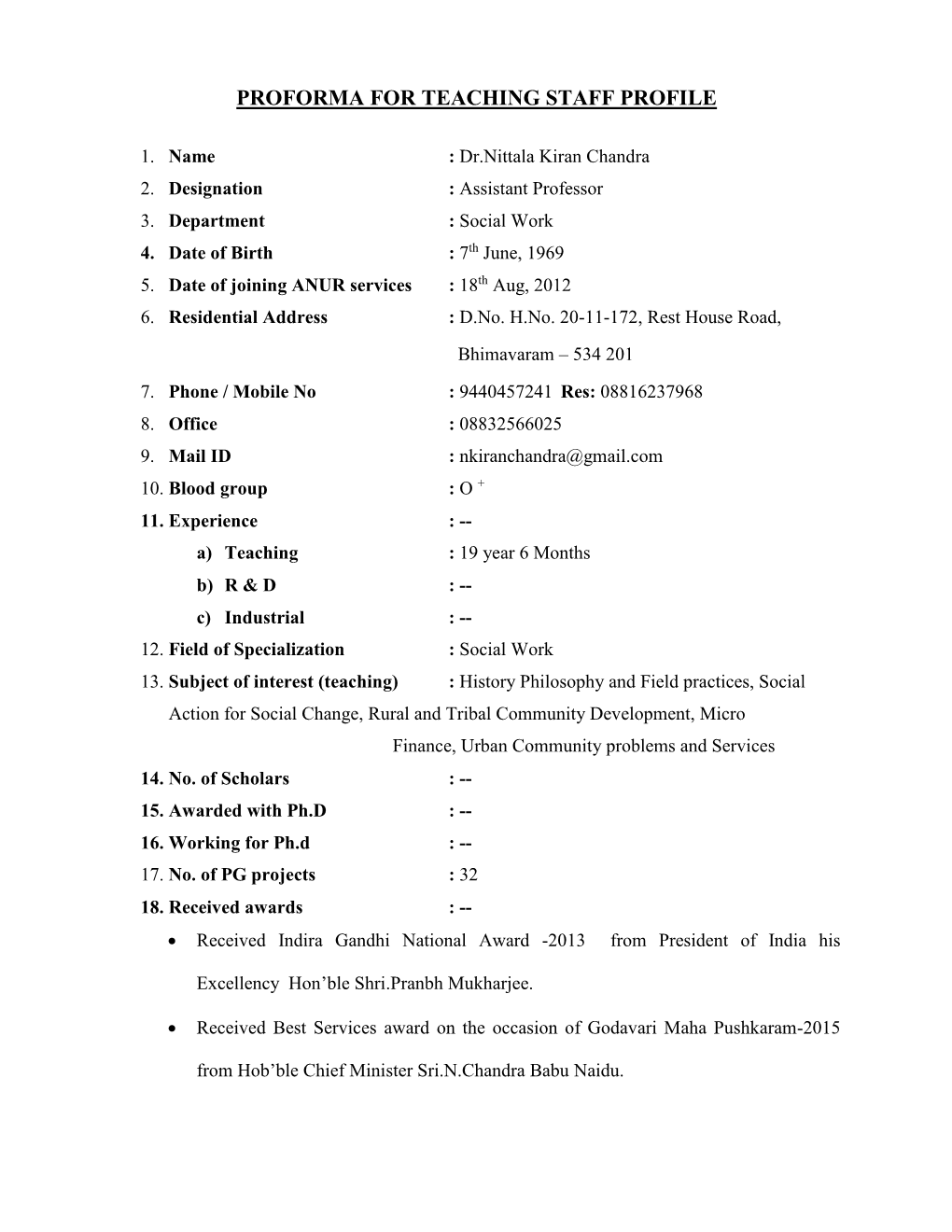 Proforma for Teaching Staff Profile