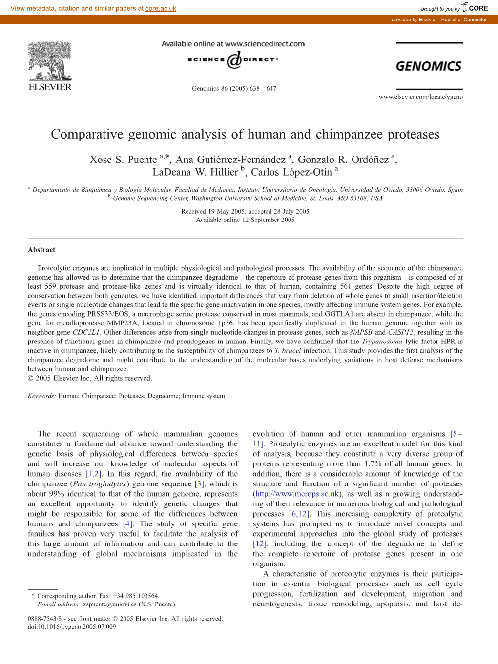 Comparative Genomic Analysis of Human and Chimpanzee Proteases