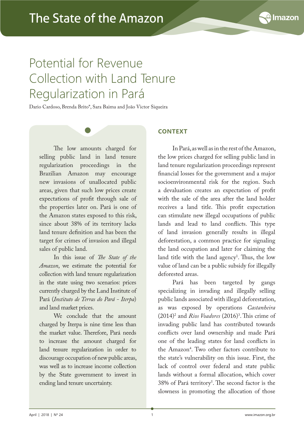The State of the Amazon Potential for Revenue Collection with Land Tenure Regularization in Pará