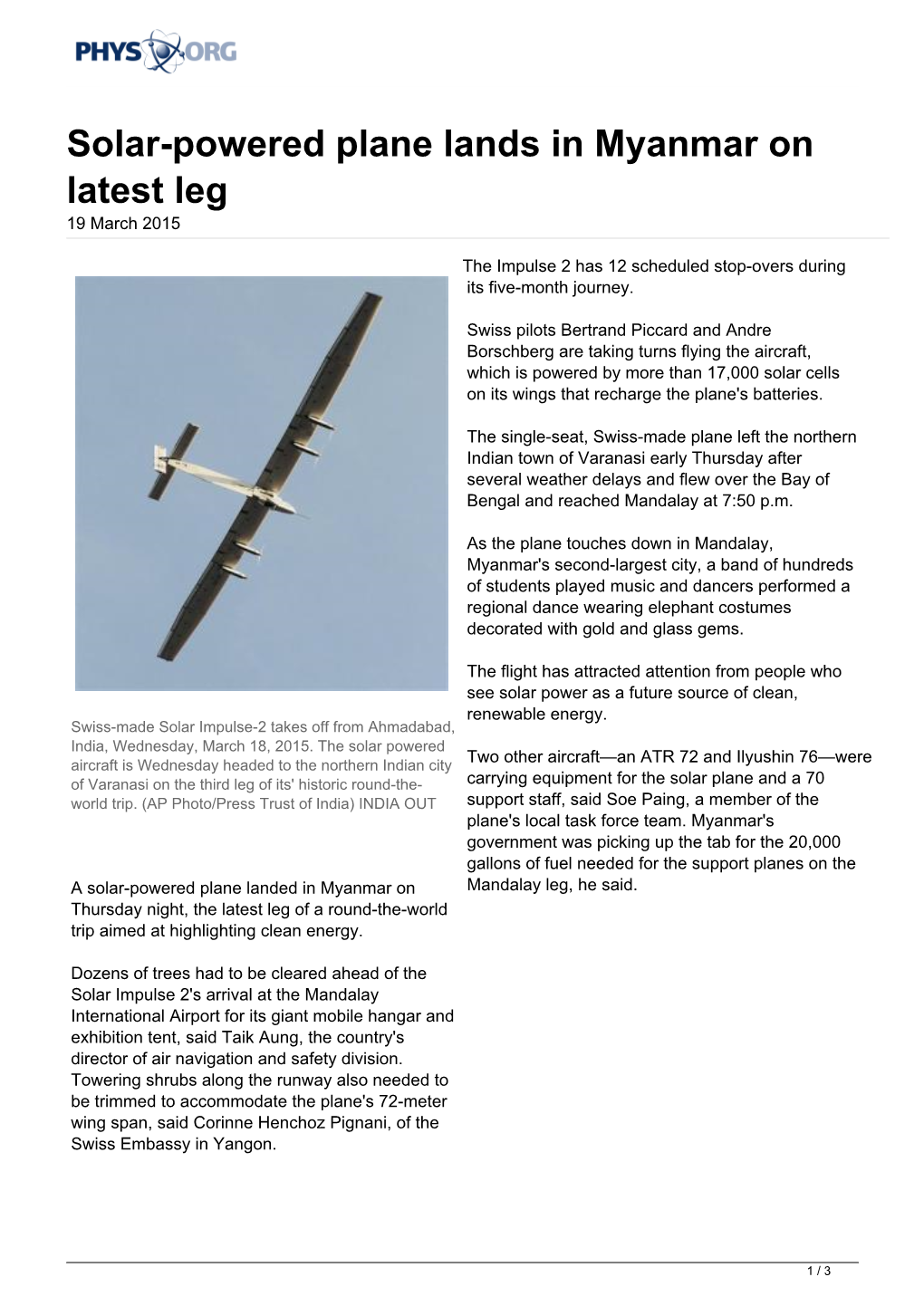Solar-Powered Plane Lands in Myanmar on Latest Leg 19 March 2015