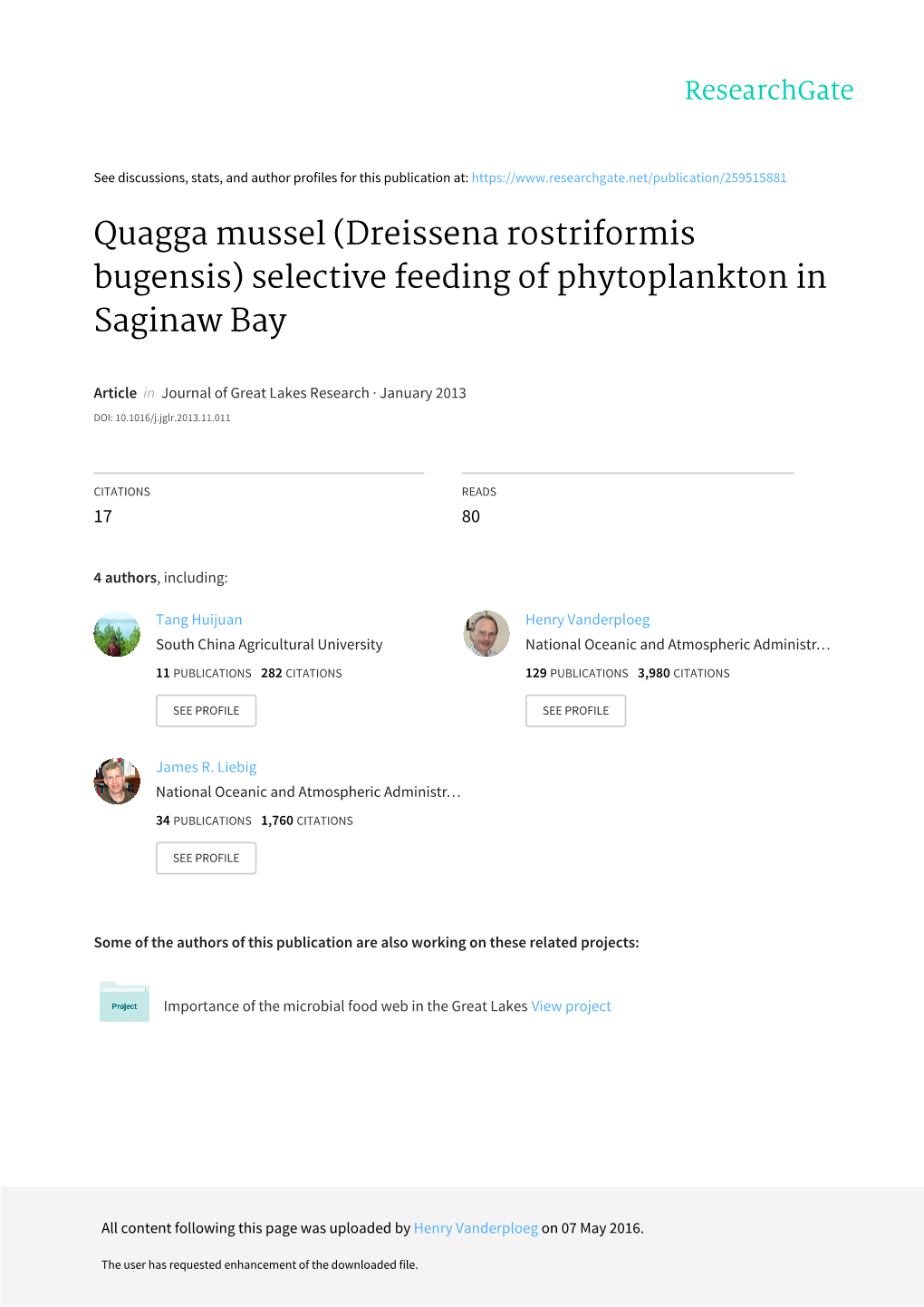 Quagga Mussel (Dreissena Rostriformis Bugensis) Selective Feeding of Phytoplankton in Saginaw Bay