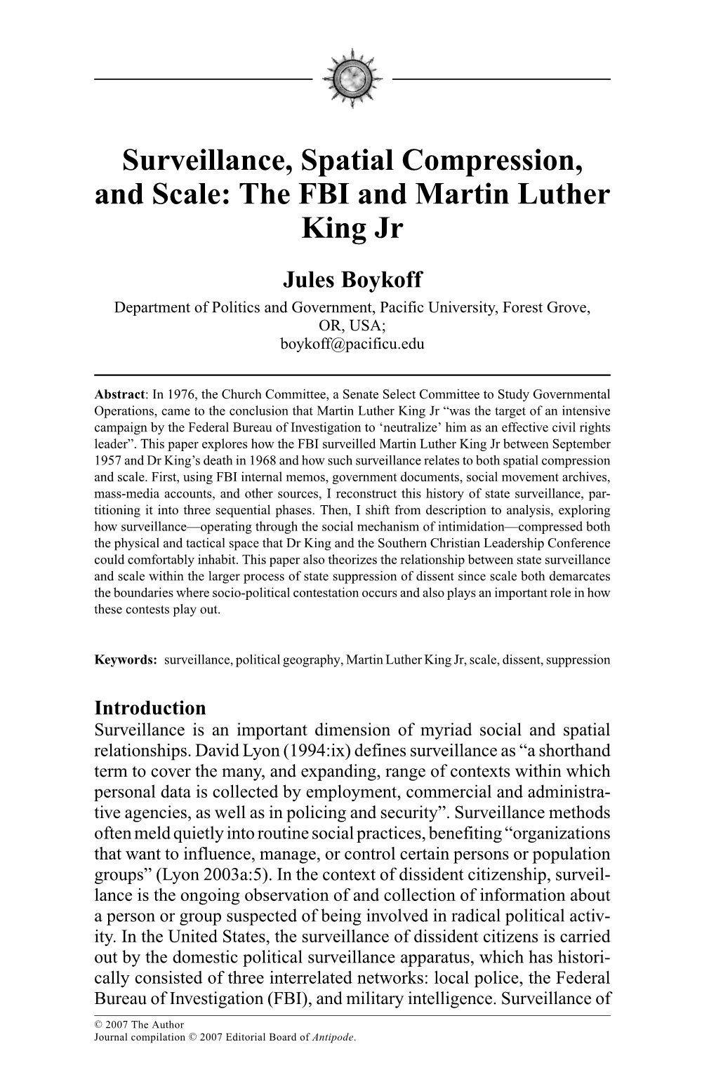 Surveillance, Spatial Compression, and Scale: the FBI and Martin Luther King Jr