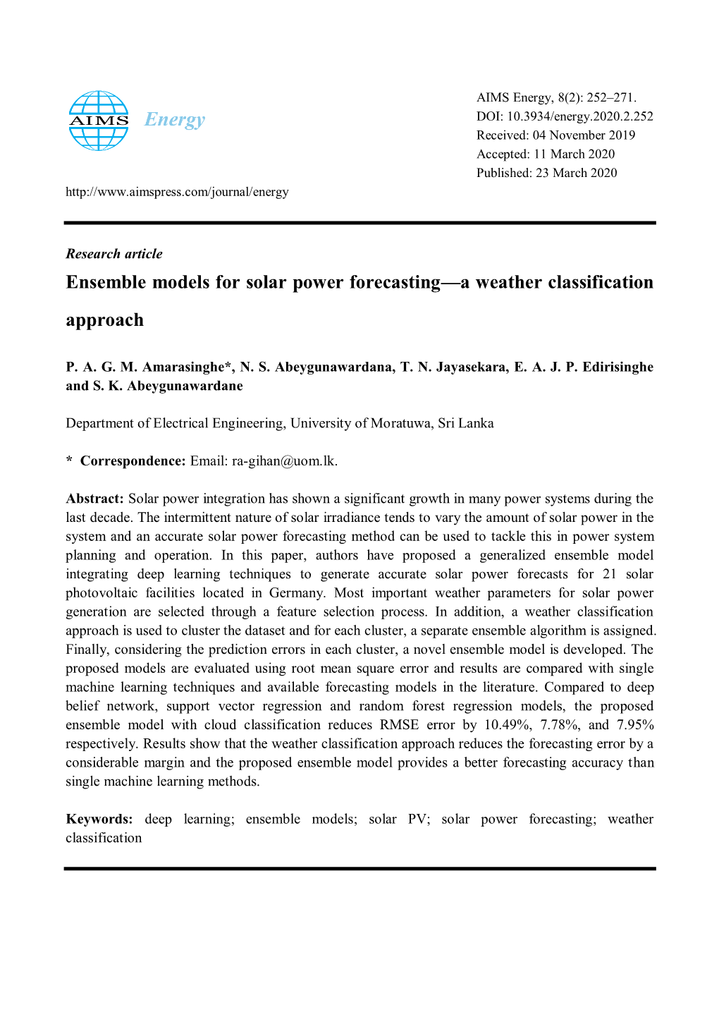 Ensemble Models for Solar Power Forecasting—A Weather Classification Approach