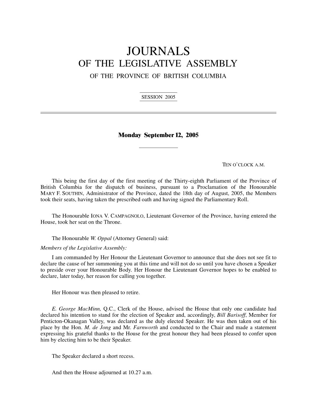 Journals of the Legislative Assembly of the Province of British Columbia