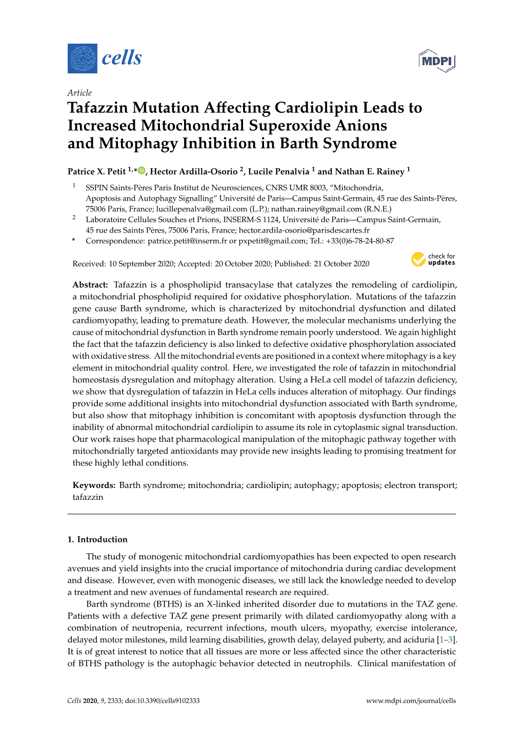 Tafazzin Mutation Affecting Cardiolipin Leads to Increased Mitochondrial Superoxide Anions and Mitophagy Inhibition in Barth