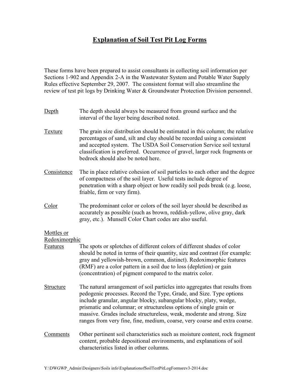 Explanation of Soil Test Pit Log Forms