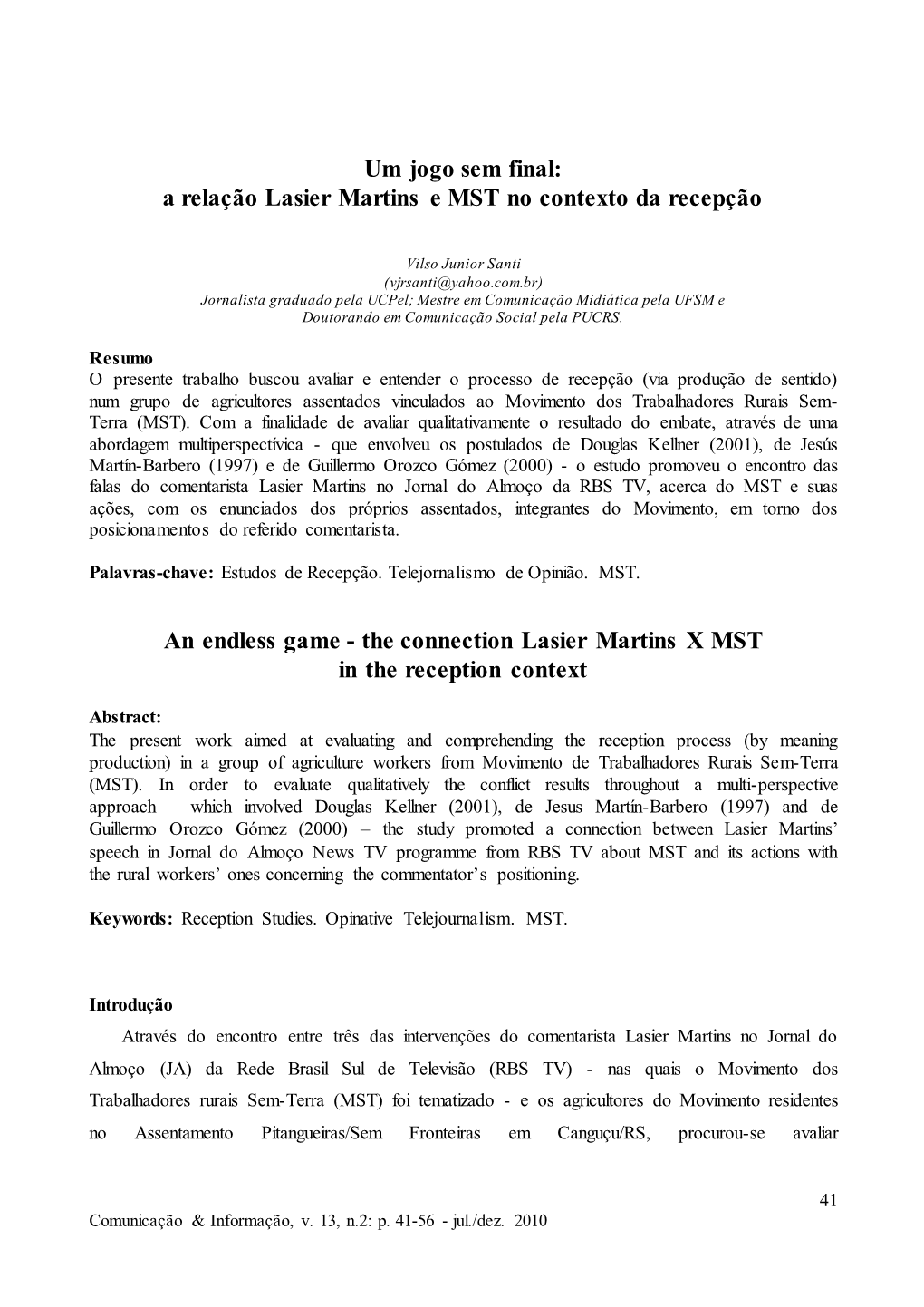 A Relação Lasier Martins E MST No Contexto Da Recepção