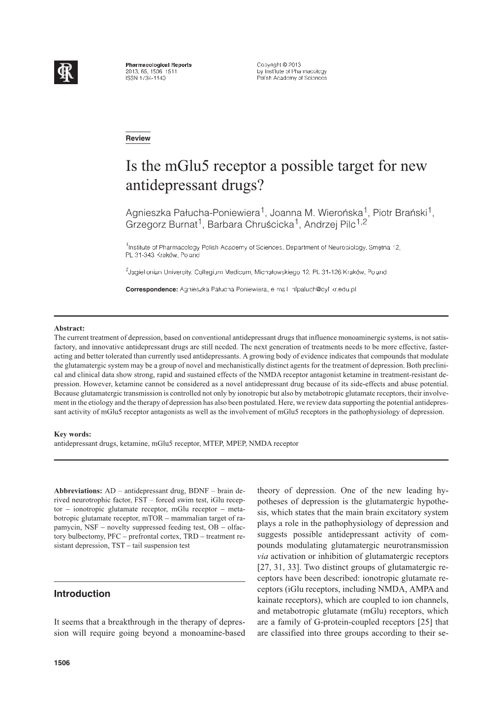 Is the Mglu5 Receptor a Possible Target for New Antidepressant Drugs?