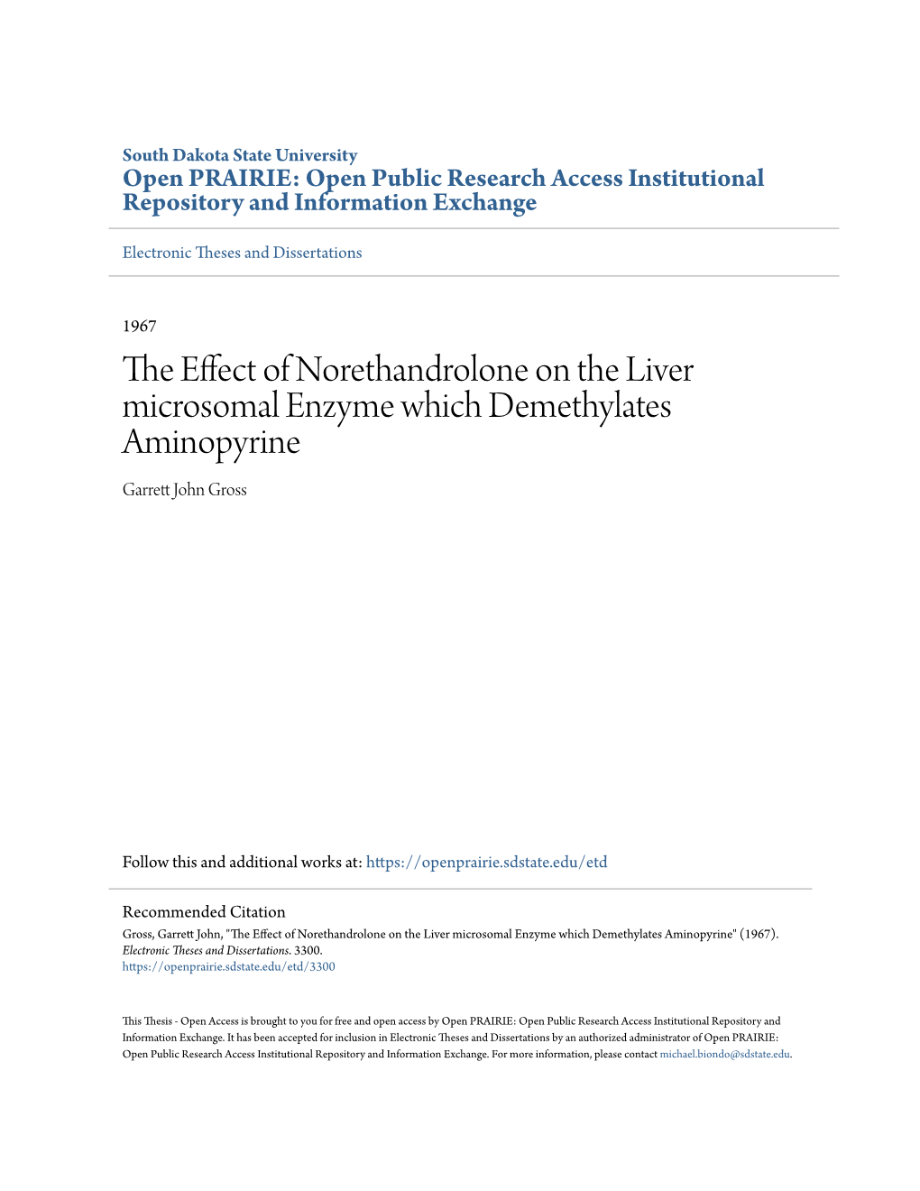 The Effect of Norethandrolone on the Liver Microsomal Enzyme Which Demethylates Aminopyrine" (1967)