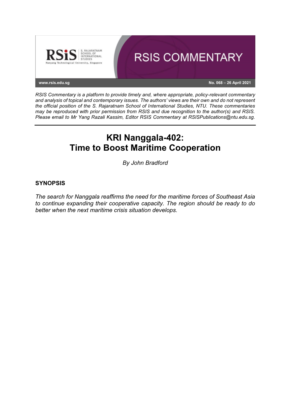 KRI Nanggala-402: Time to Boost Maritime Cooperation