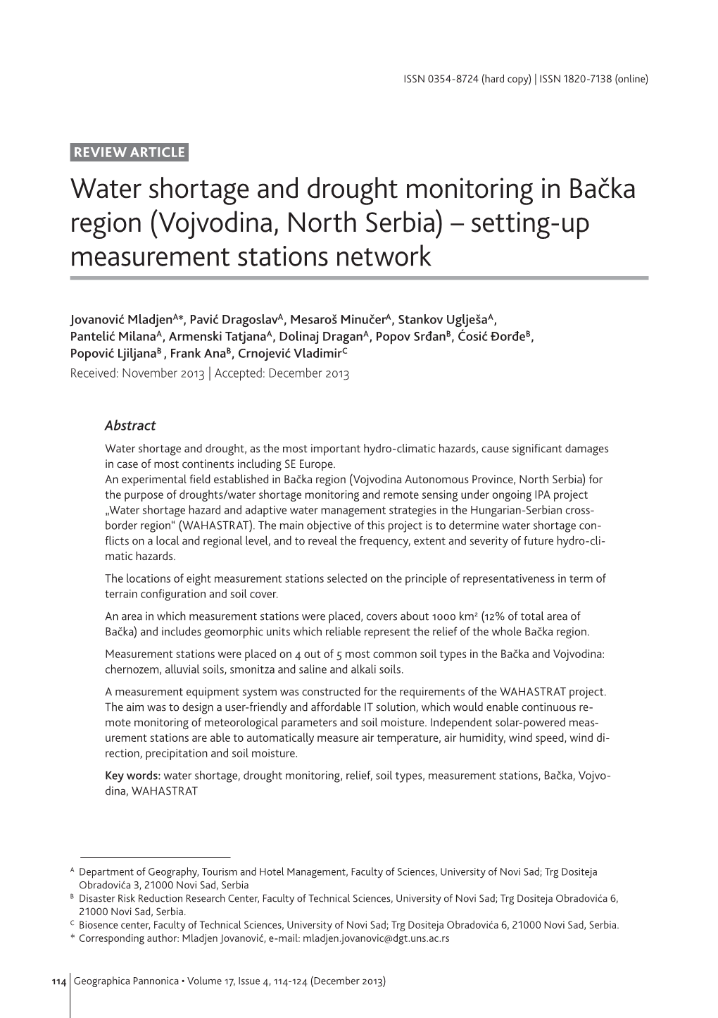 Water Shortage and Drought Monitoring in Bačka Region (Vojvodina, North Serbia) – Setting-Up Measurement Stations Network