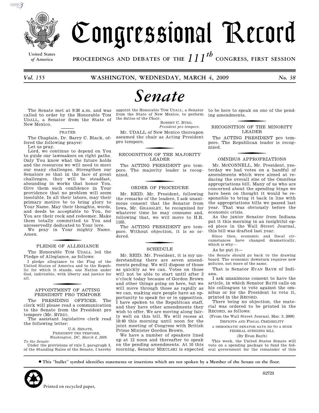 Congressional Record United States Th of America PROCEEDINGS and DEBATES of the 111 CONGRESS, FIRST SESSION