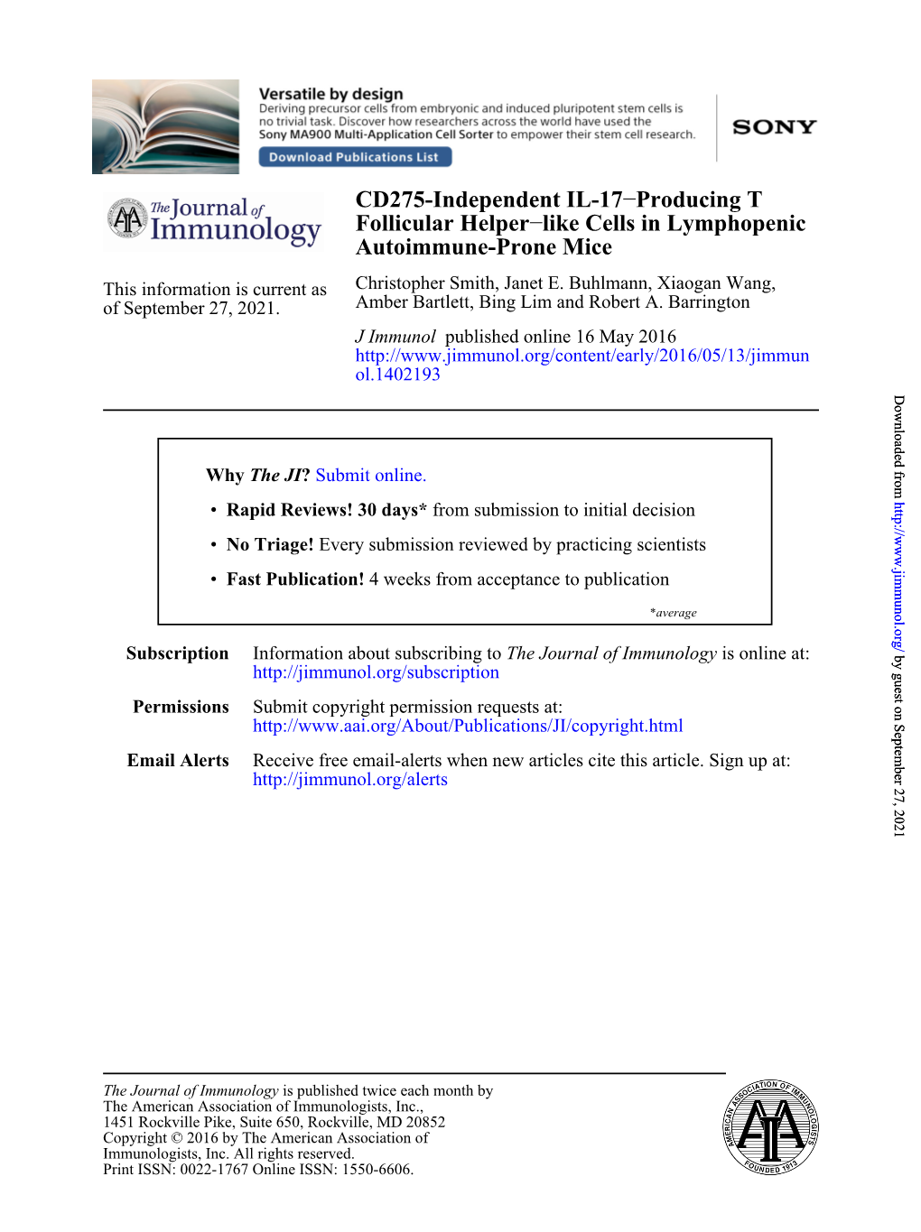 CD275-Independent IL-17–Producing T Follicular Helper–Like Cells in Lymphopenic Autoimmune-Prone Mice