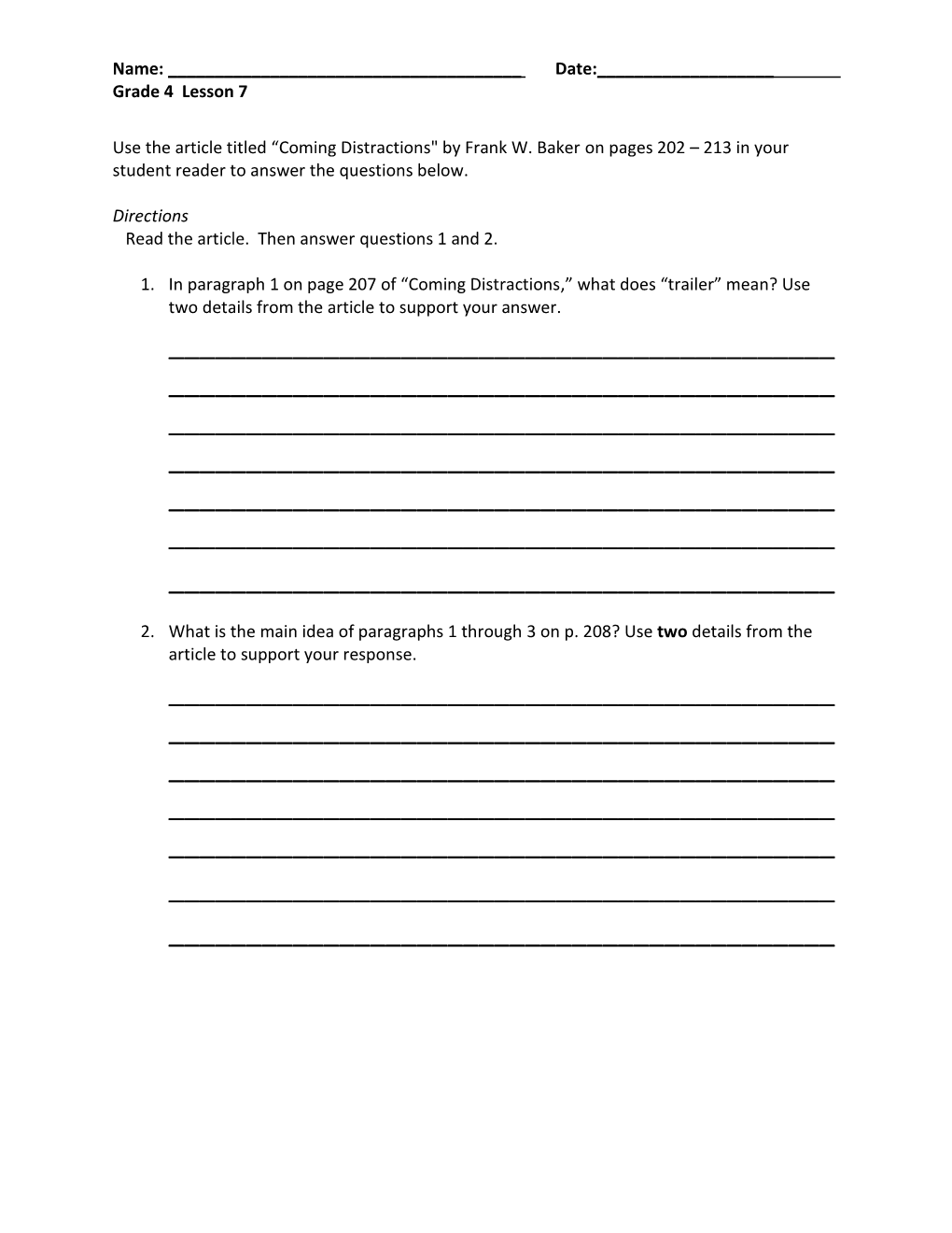 Grade 4 Lesson 7 Use the Article Titled “Coming