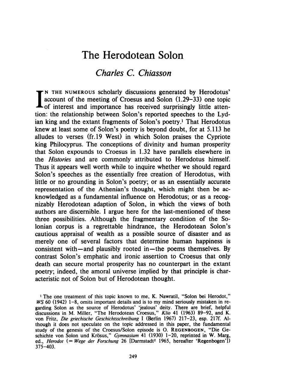 The Herodotean Solon , Greek, Roman and Byzantine Studies, 27:3 (1986:Autumn) P.249