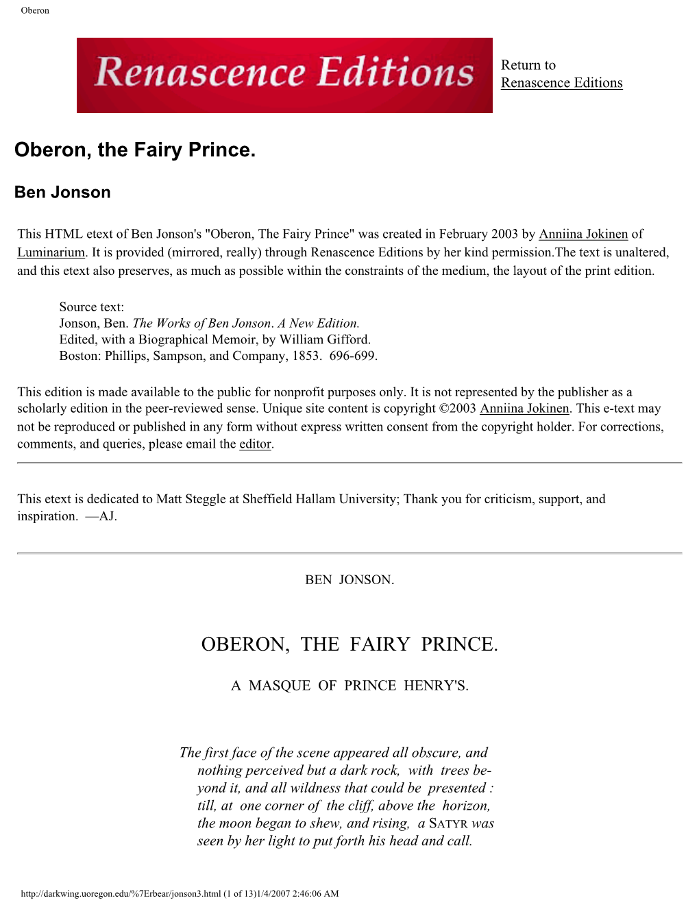 Oberon, the Fairy Prince. Ben Jonson