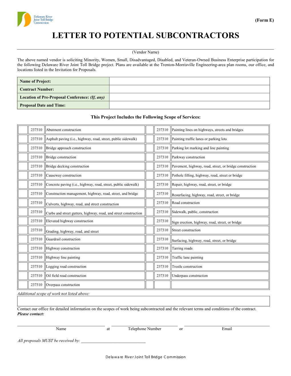 Letter to Potential Subcontractors