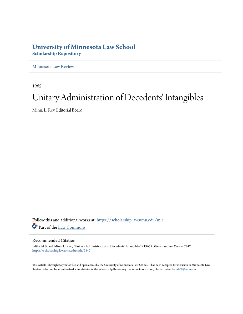 Unitary Administration of Decedents' Intangibles Minn