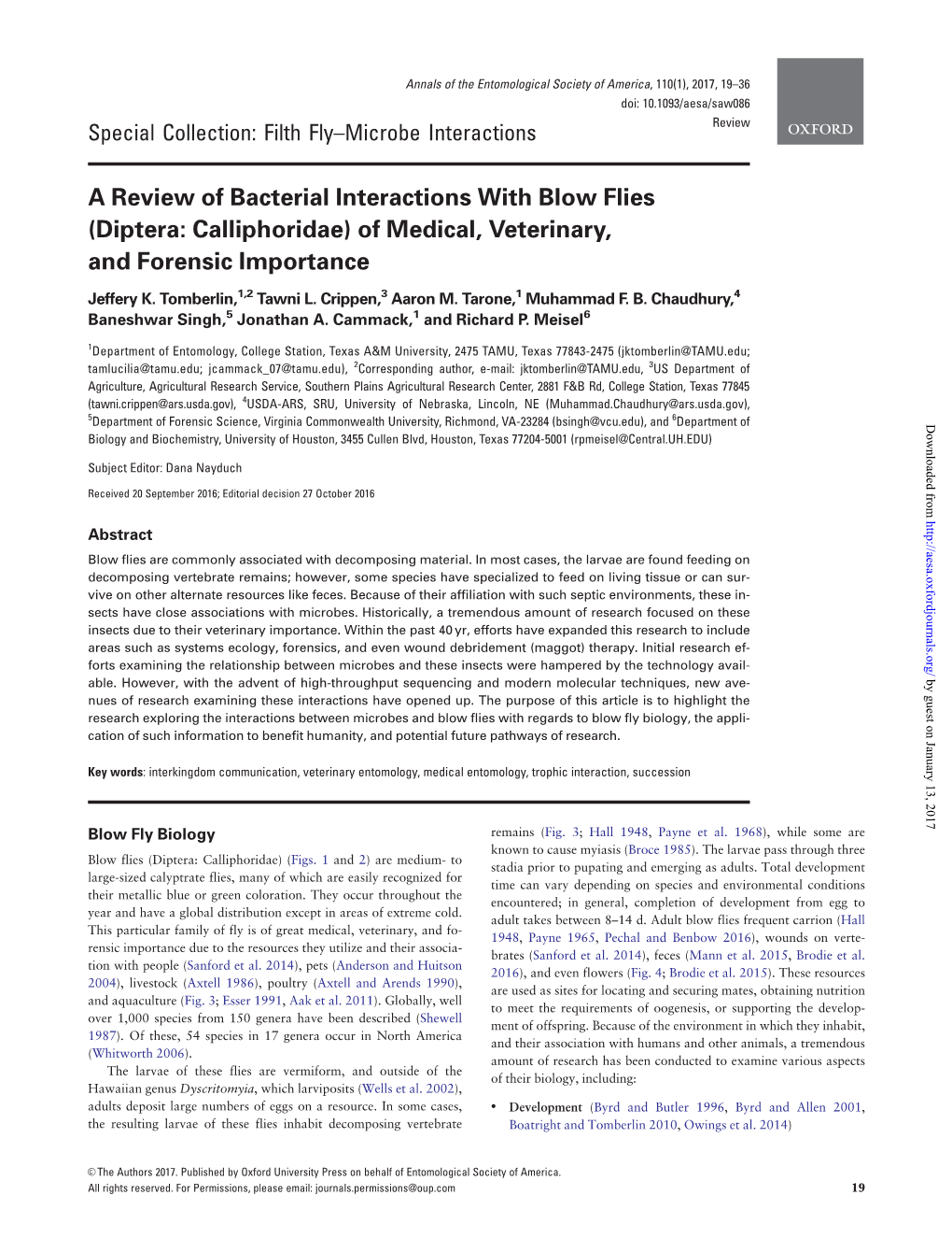 A Review of Bacterial Interactions with Blow Flies (Diptera: Calliphoridae) of Medical, Veterinary, and Forensic Importance