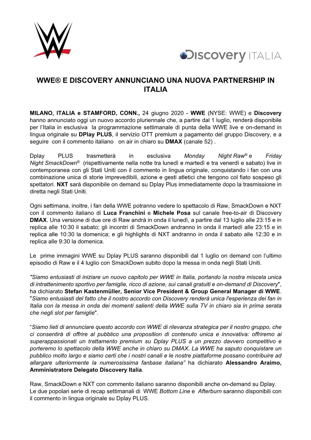 Wwe® E Discovery Annunciano Una Nuova Partnership in Italia