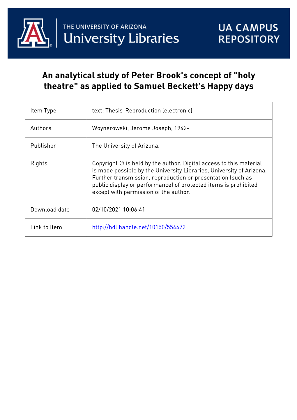 An Analytical Study of Peter Brook's Concept of "Holy Theatre" As Applied to Samuel Beckett's Happy Days