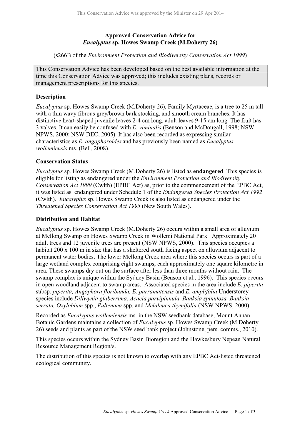 Approved Conservation Advice for Eucalyptus Sp. Howes Swamp Creek (M.Doherty 26)