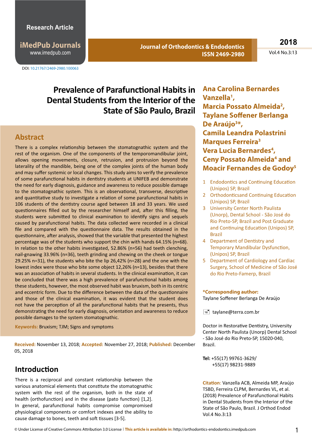 Prevalence of Parafunctional Habits in Dental Students from the Interior Of