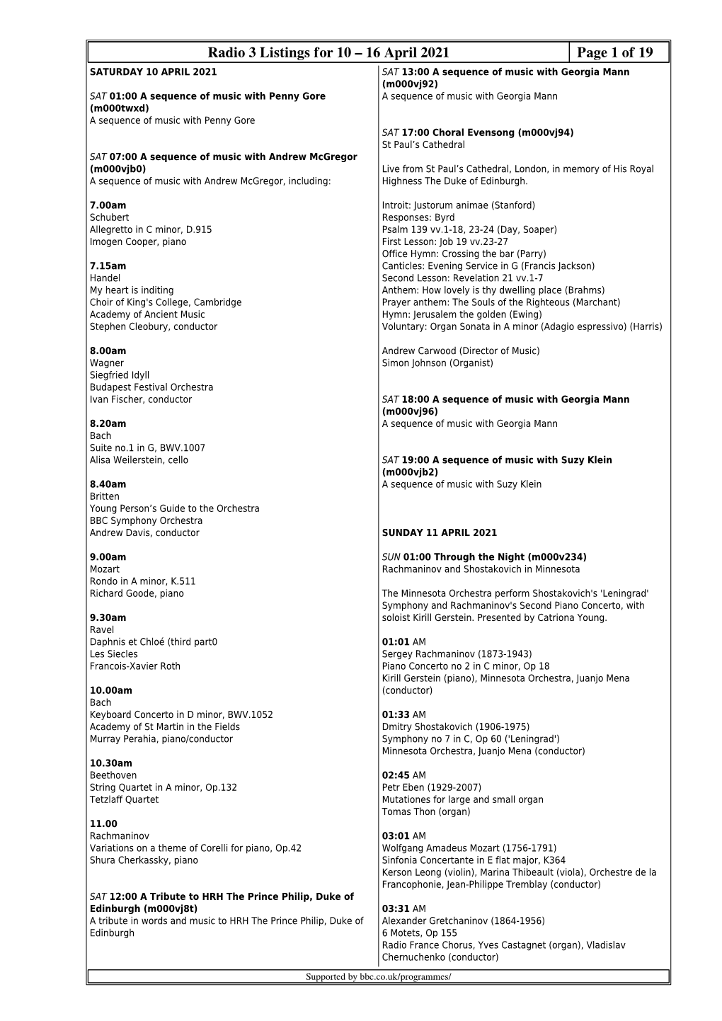 Radio 3 Listings for 10 – 16 April 2021 Page 1 Of