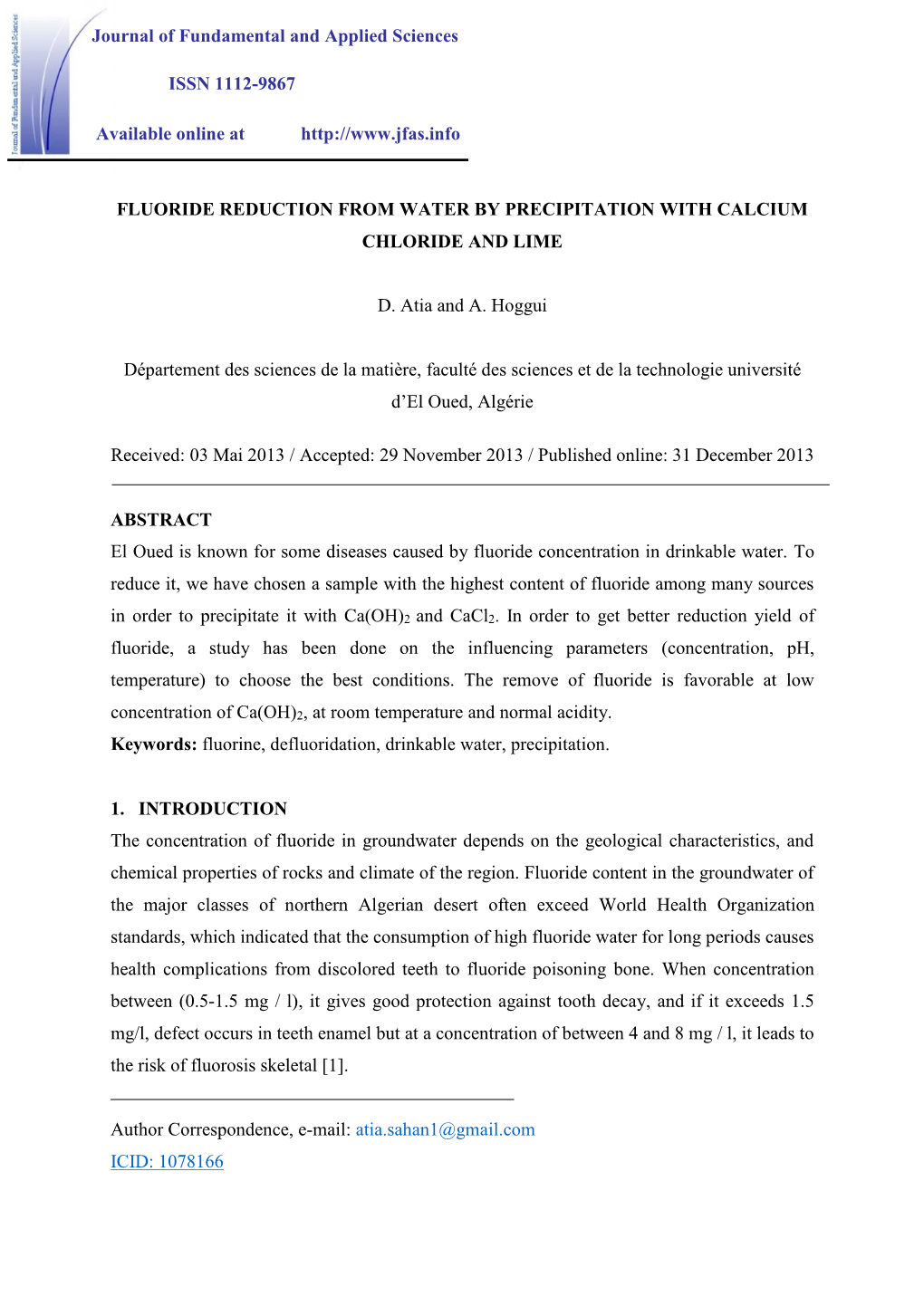 Fluoride Reduction from Water by Precipitation with Calcium Chloride and Lime