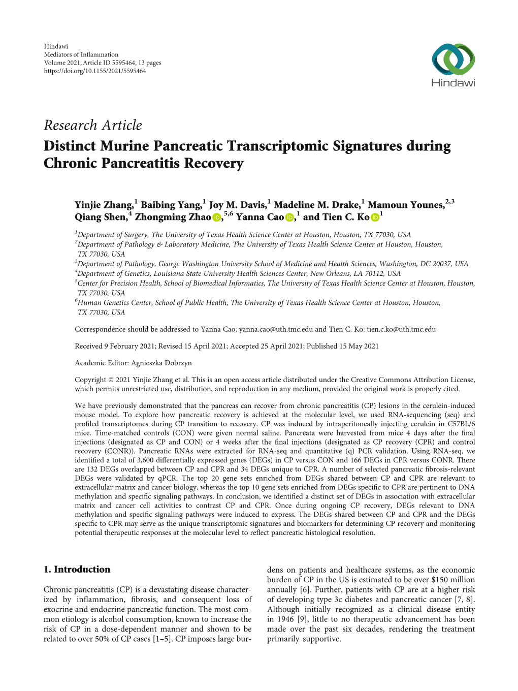 Distinct Murine Pancreatic Transcriptomic Signatures During Chronic Pancreatitis Recovery