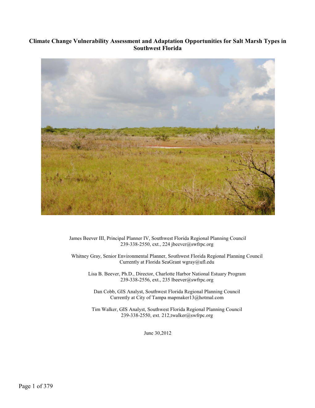 Climate Change Vulnerability Assessment and Adaptation Opportunities for Salt Marsh Types in Southwest Florida