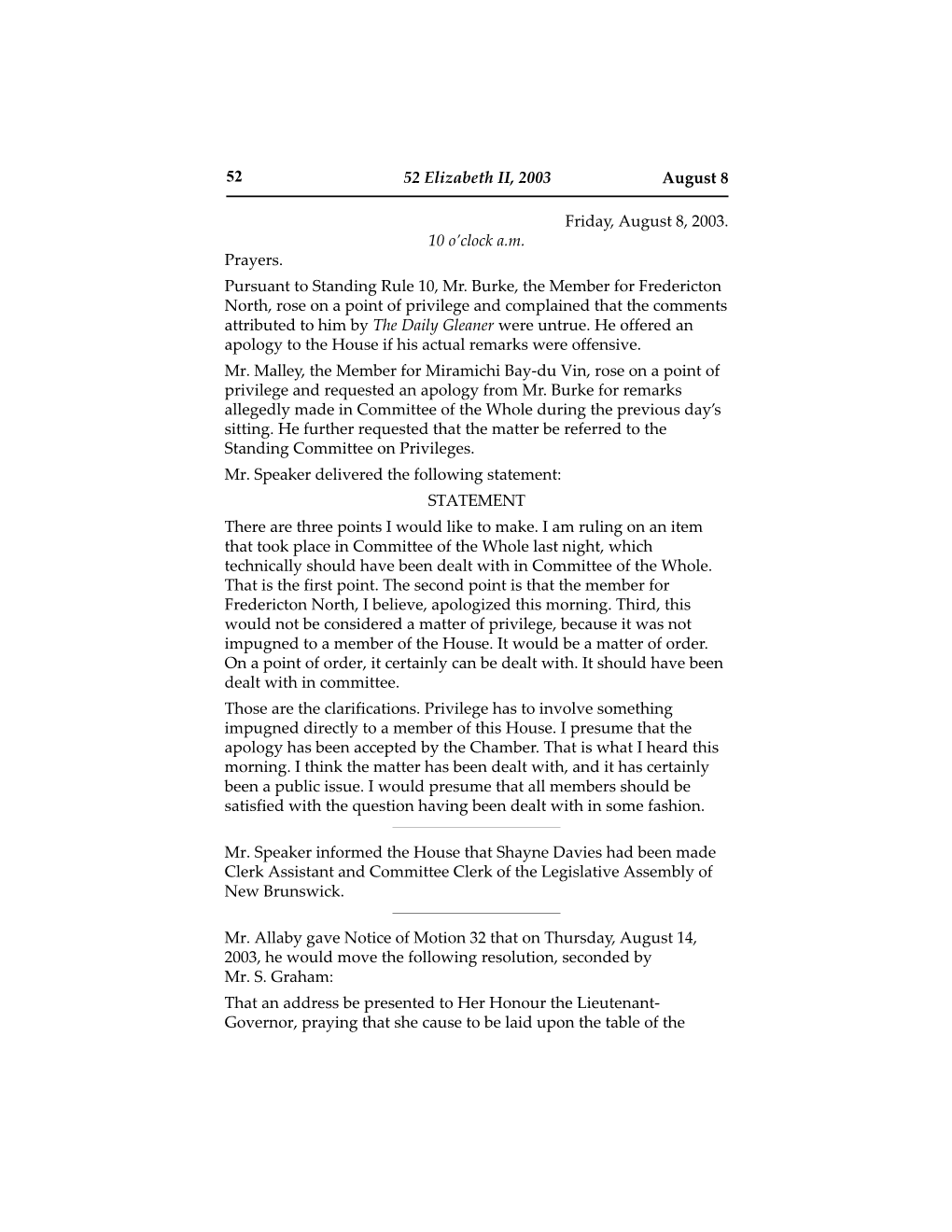 Daily Sitting 8, Friday, August 8, 2003, Journal of the Legislative Assembly