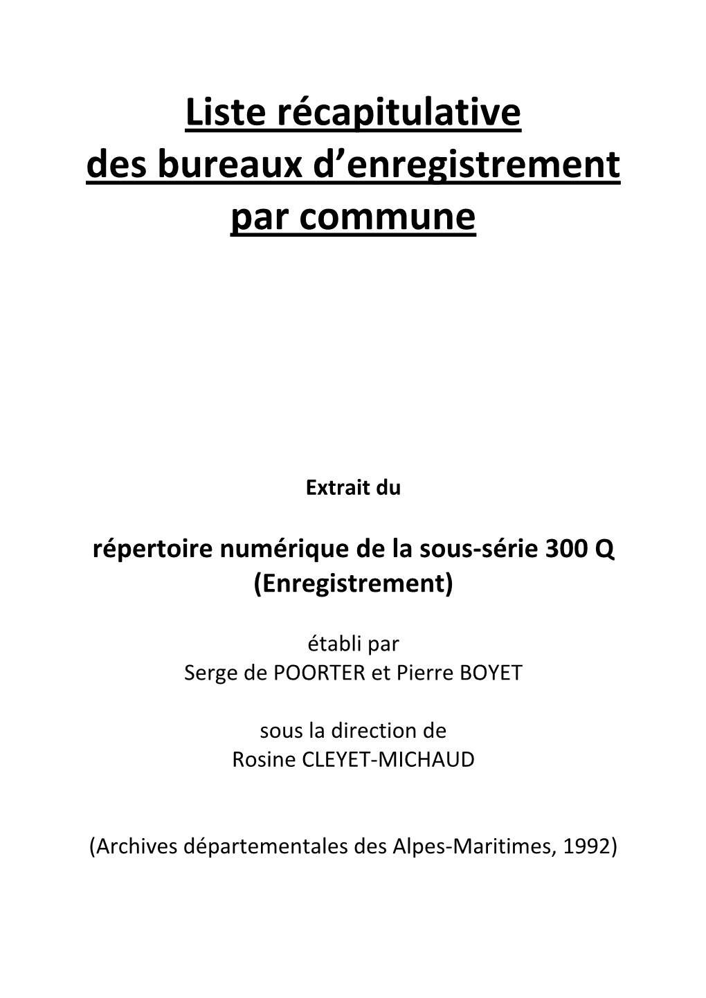 Liste Récapitulative Des Bureaux D'enregistrement Par Commune