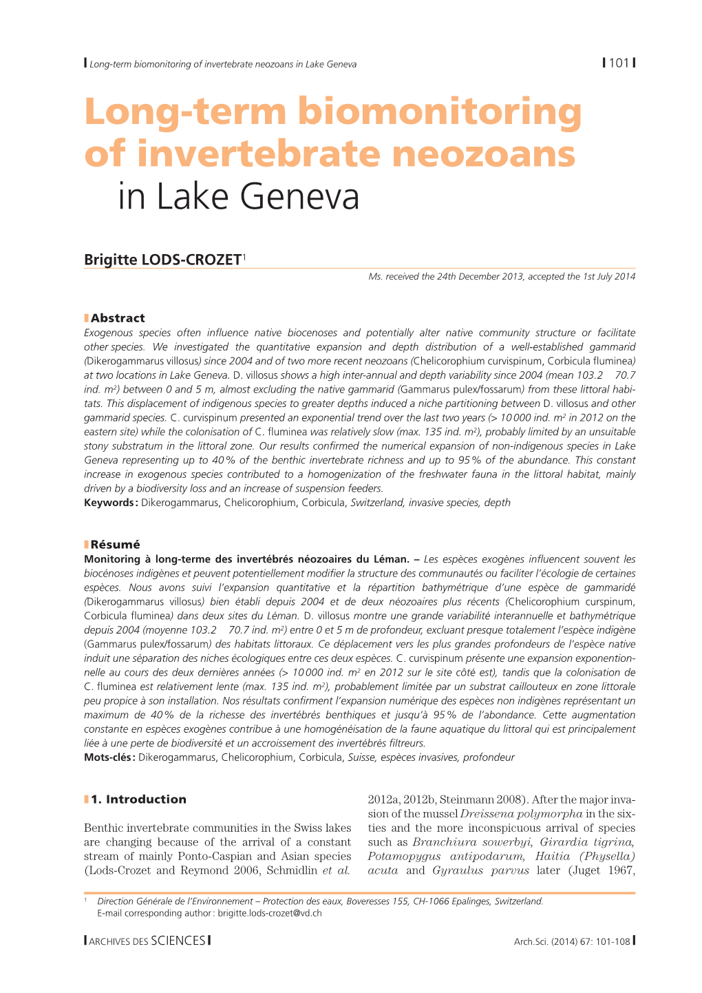 Long-Term Biomonitoring of Invertebrate Neozoans in Lake Geneva | 101 | Long-Term Biomonitoring of Invertebrate Neozoans in Lake Geneva