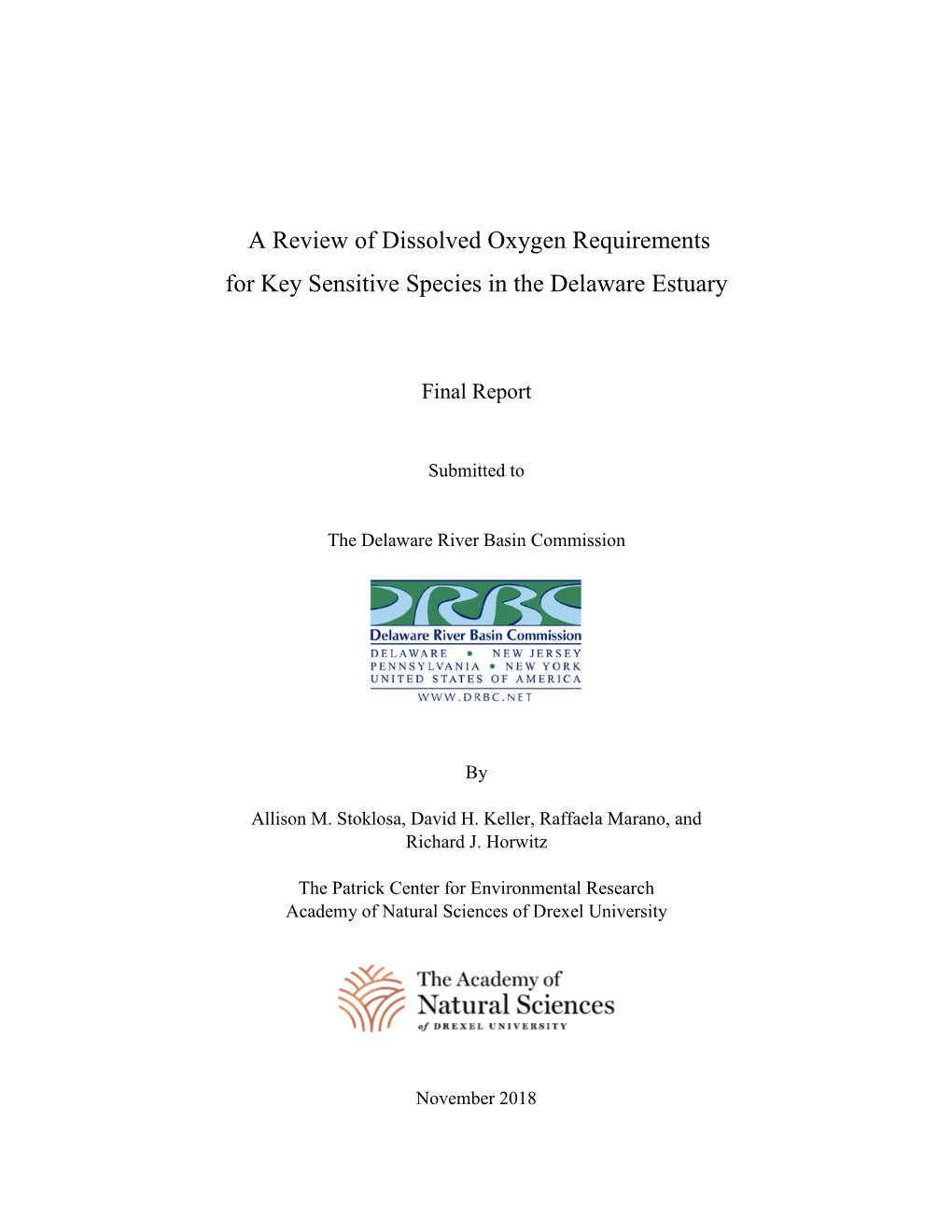 A Review of Dissolved Oxygen Requirements for Key Sensitive Species in the Delaware Estuary