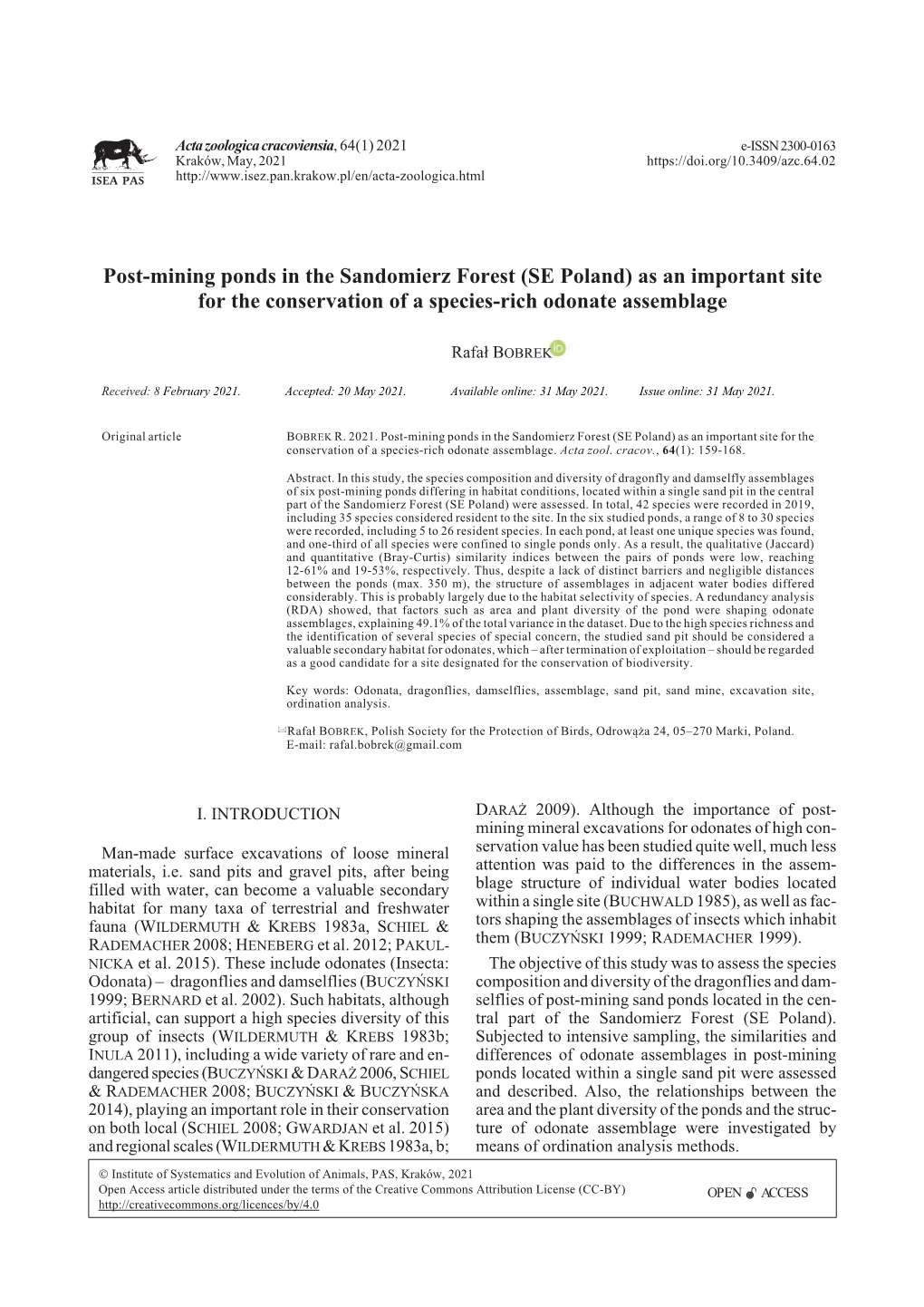 Post-Mining Ponds in the Sandomierz Forest (SE Poland) As an Important Site for the Conservation of a Species-Rich Odonate Assemblage