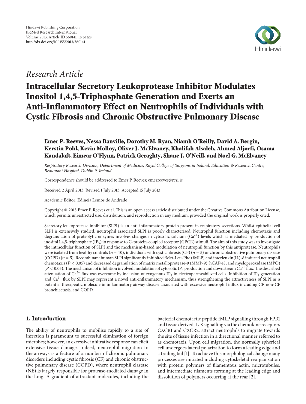 Intracellular Secretory Leukoprotease Inhibitor Modulates Inositol 1, 4, 5