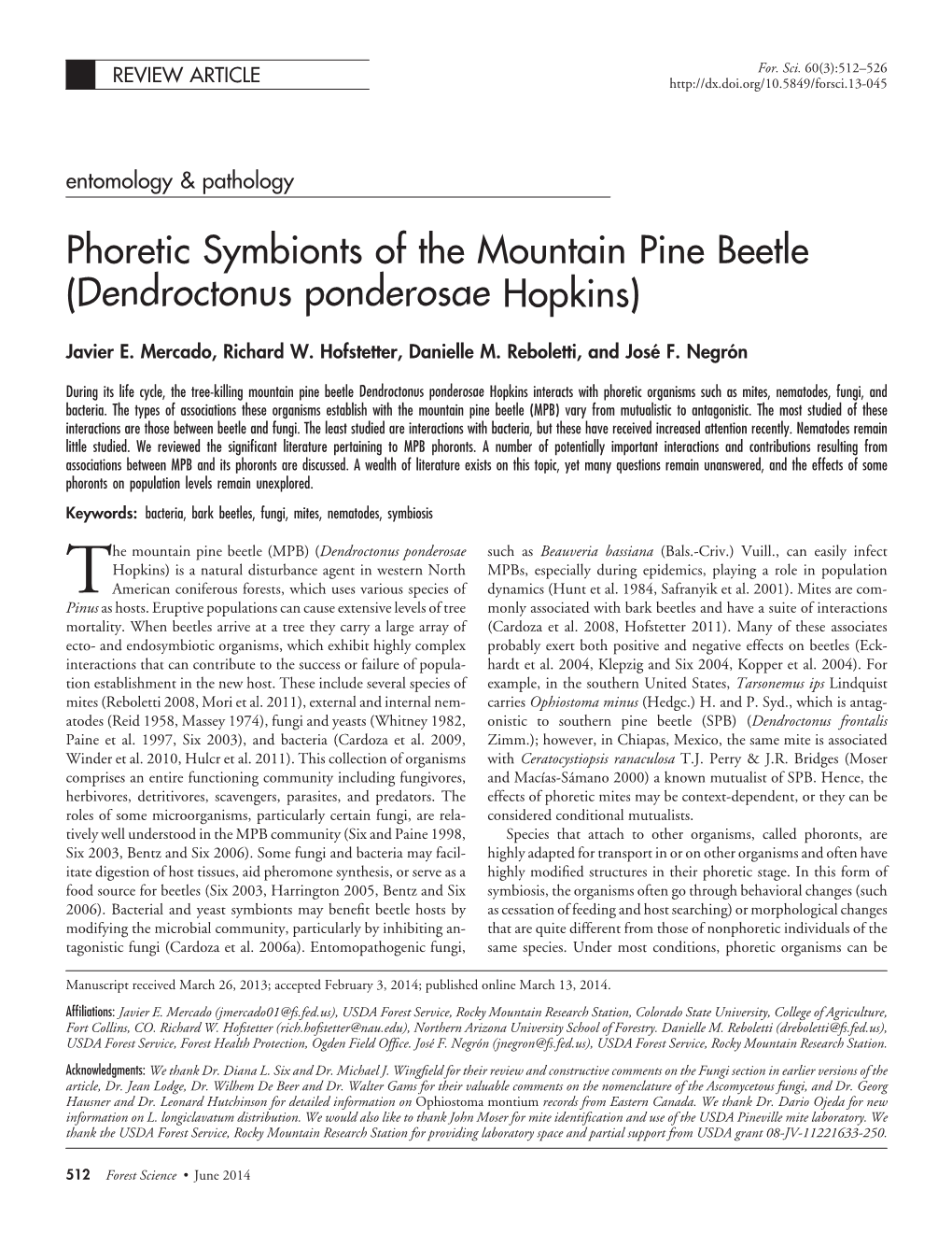 Phoretic Symbionts of the Mountain Pine Beetle (Dendroctonus Ponderosae Hopkins)