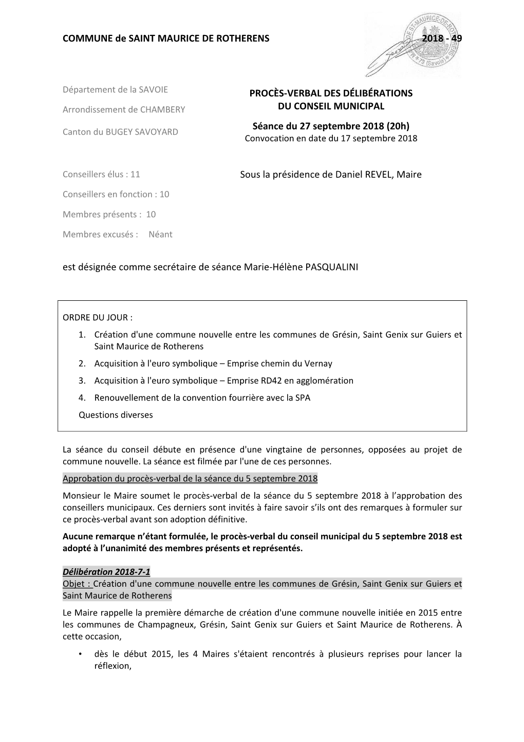 27 Septembre 2018 (20H) Canton Du BUGEY SAVOYARD Convocation En Date Du 17 Septembre 2018