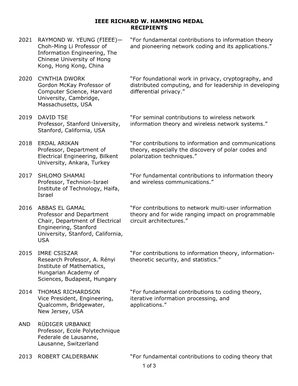 Ieee Richard W. Hamming Medal Recipients