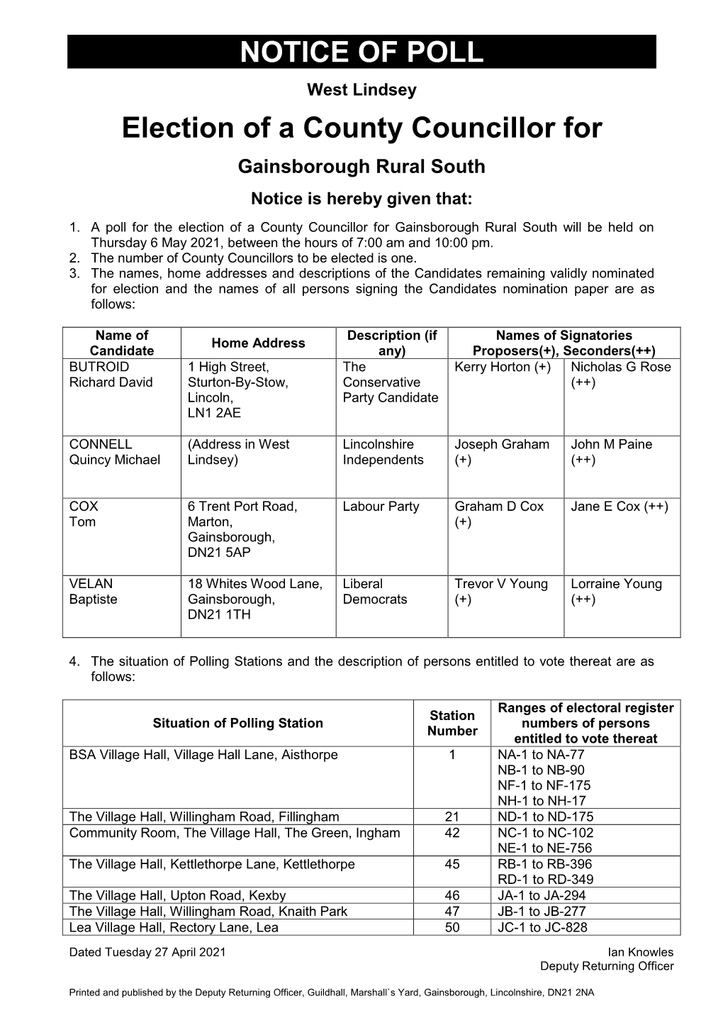 Notice of Poll Gainsborough Rural South