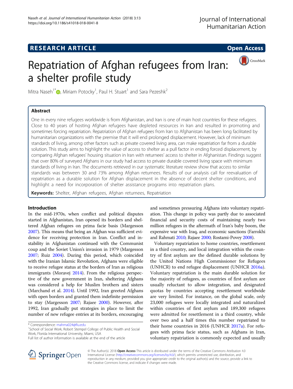 Repatriation of Afghan Refugees from Iran: a Shelter Profile Study Mitra Naseh1* , Miriam Potocky1, Paul H