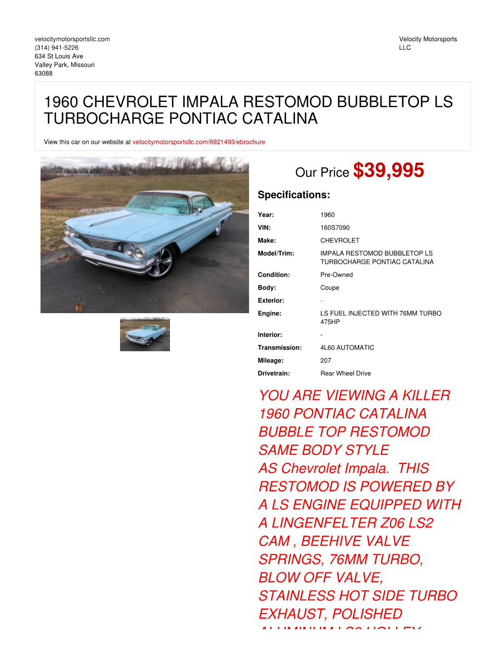 1960 Chevrolet Impala Restomod Bubbletop Ls Turbocharge Pontiac Catalina