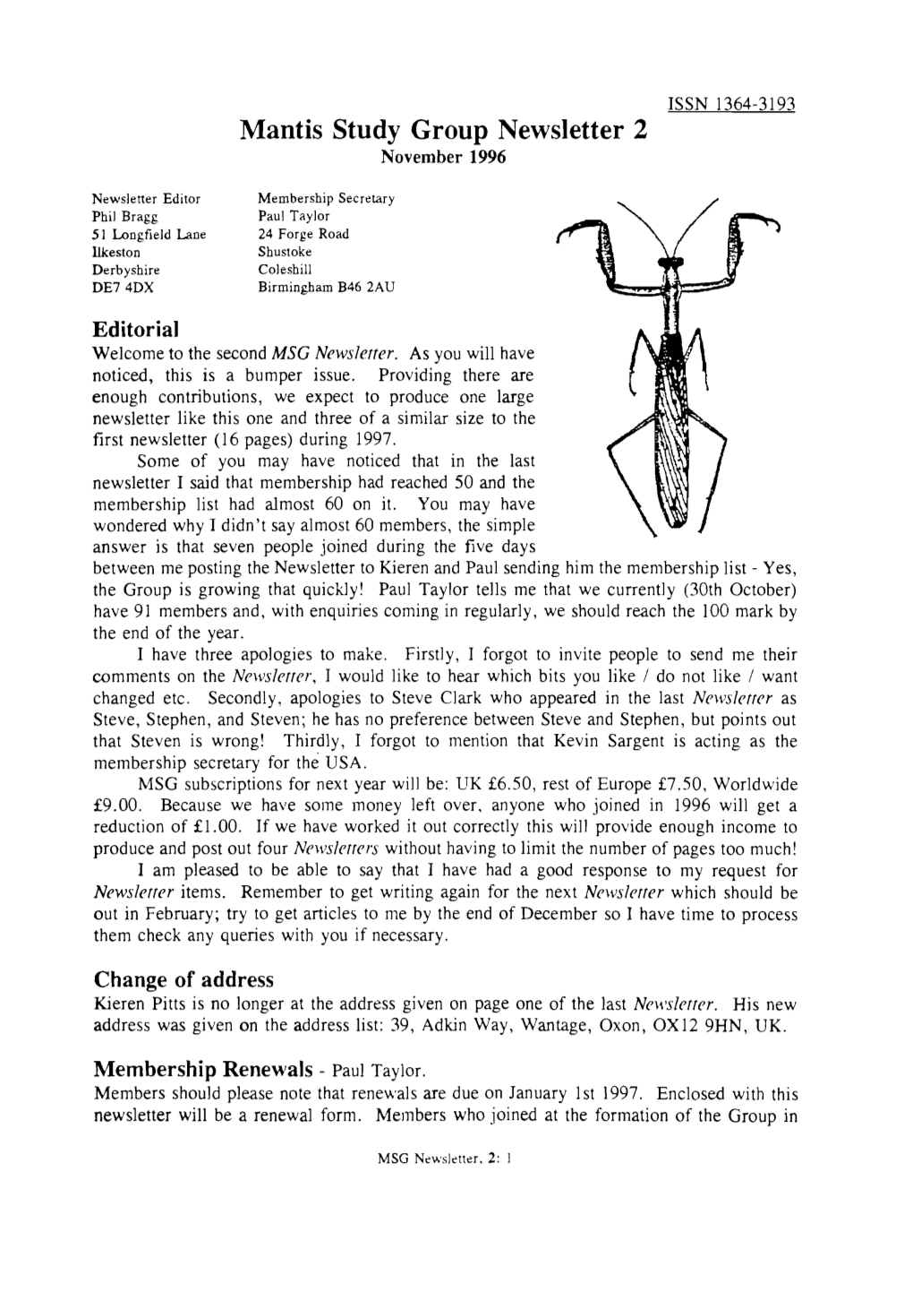 Mantis Study Group Newsletter, 2 (November 1996)