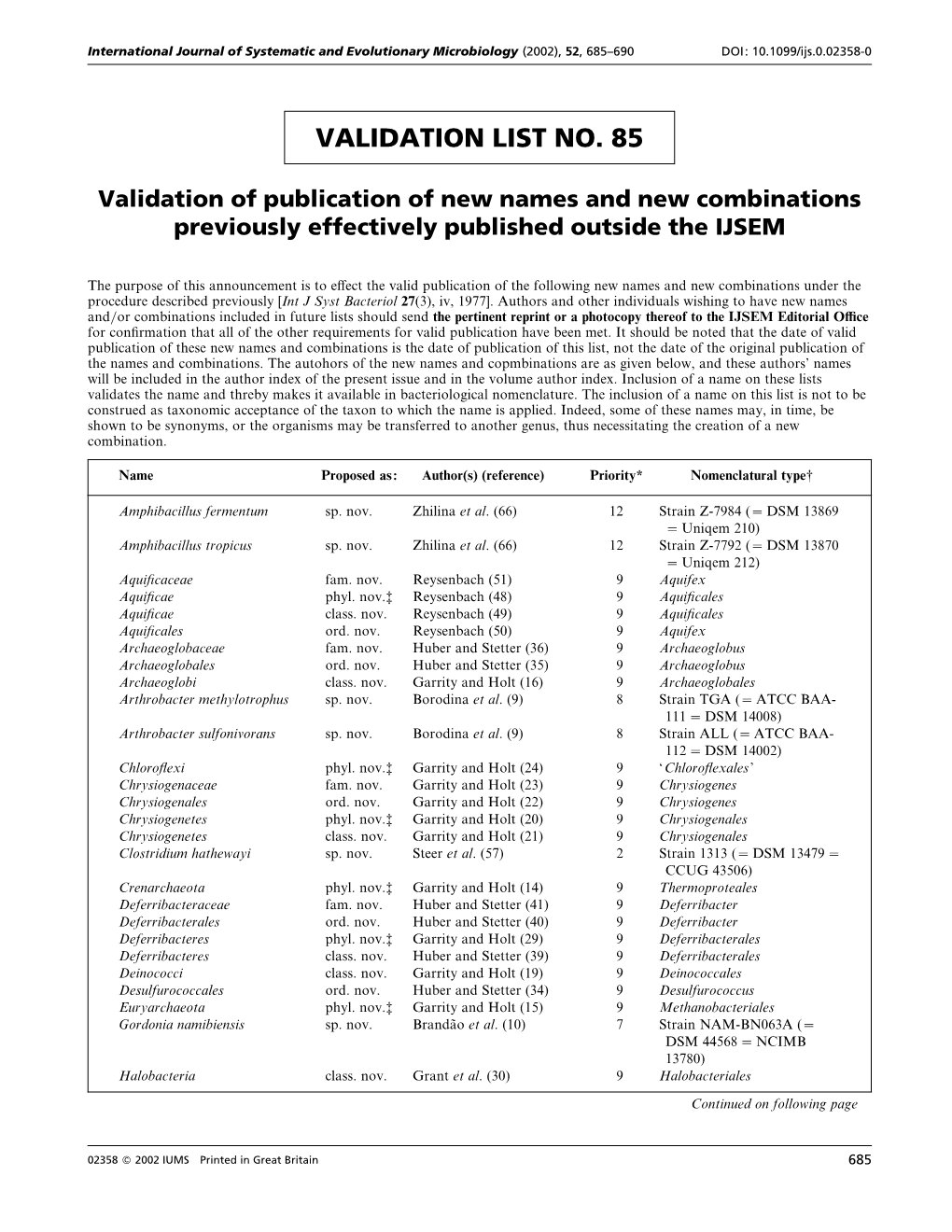 Validation List No. 85